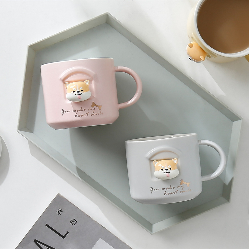 Cốc sứ hình chó Shiba Inu hoạt hình dễ thương, cốc Akita Inu có nắp và thìa, cốc uống nước dùng cho 