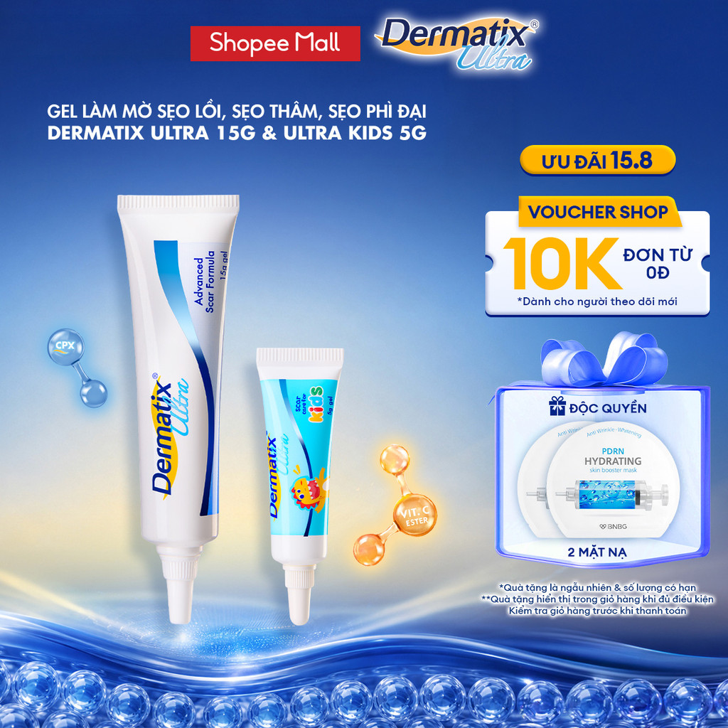 Combo gel làm mờ sẹo lồi, sẹo phì đại Dermatix Ultra 15g cho người lớn & Ultra Kids 5g cho trẻ nhỏ