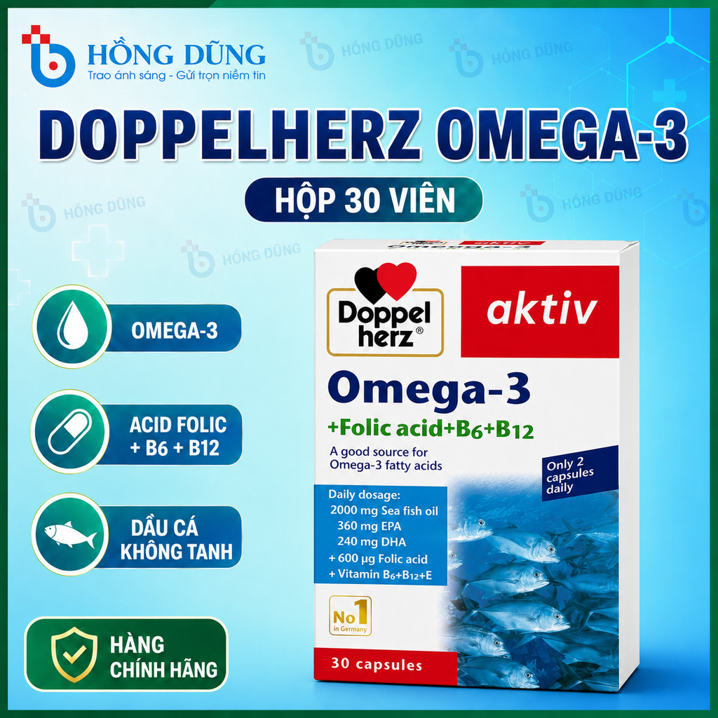 Bổ sung Omega 3 Aktiv DHA Acid Folic B6 B12 - Nhập khẩu từ Doppel Herz Đức - Aktiv Omega hộp 30 viên