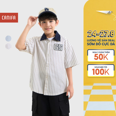 Áo sơ mi bé trai CANIFA cổ bẻ cộc tay kẻ sọc chất liệu cotton mềm mịn thoáng mát 2TH26C001