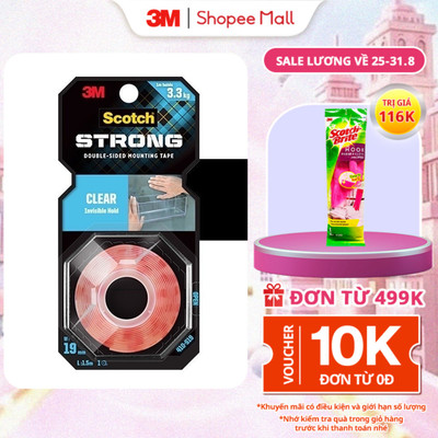 Băng keo hai mặt 3M™ Scotch®, trong suốt, siêu dính, độ bền cao, chống tia UV, kéo nhẹ nhàng, 1 cuộn, Dùng trong nhà