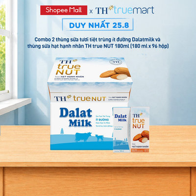 Combo 1 Thùng sữa tươi tiệt trùng ít đường Dalatmilk và 1 Thùng sữa hạt hạnh nhân TH true Nut 180ml x 96 hộp