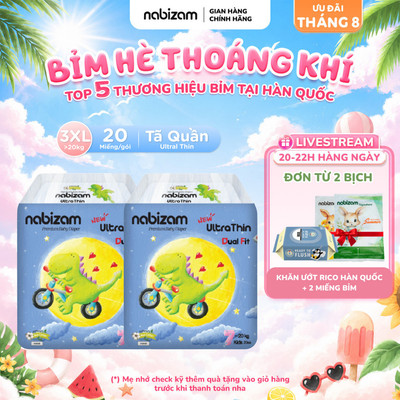 COMBO 2 Tã/Bỉm Quần NABIZAM Ultra Thin Nội Địa Hàn Siêu Mỏng Nhẹ, Rãnh Chống Tràn Linh Hoạt 3XL20 Từ 20kg, 20 Miếng/Bịch