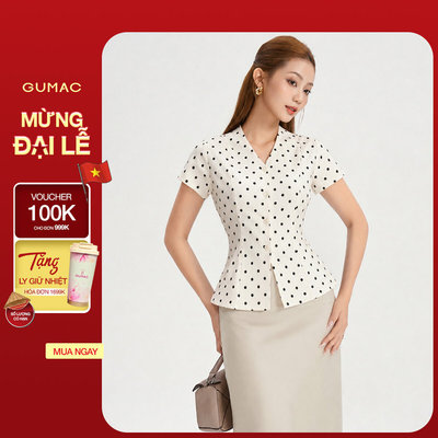 Áo Peplum Nữ GUMAC Áo Kiểu Cổ V Chấm Bi Xòe Nhẹ Tôn Eo Thanh Lịch Tôn Dáng LAG06044