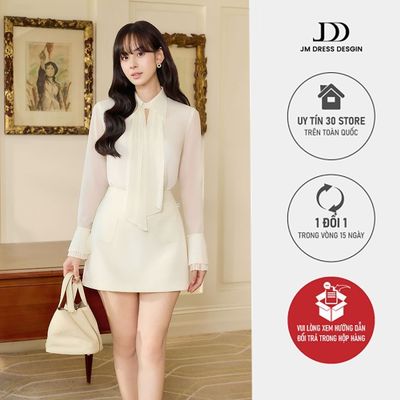 Set Áo Sơ Mi Cổ Đức Phối Khăn Dập Ly 2S04.2606, Chân Váy Ngắn 2 Túi Ốp 4S15.2606. Set Đồ Công Sở Thanh Lịch, Tiểu Thư JM