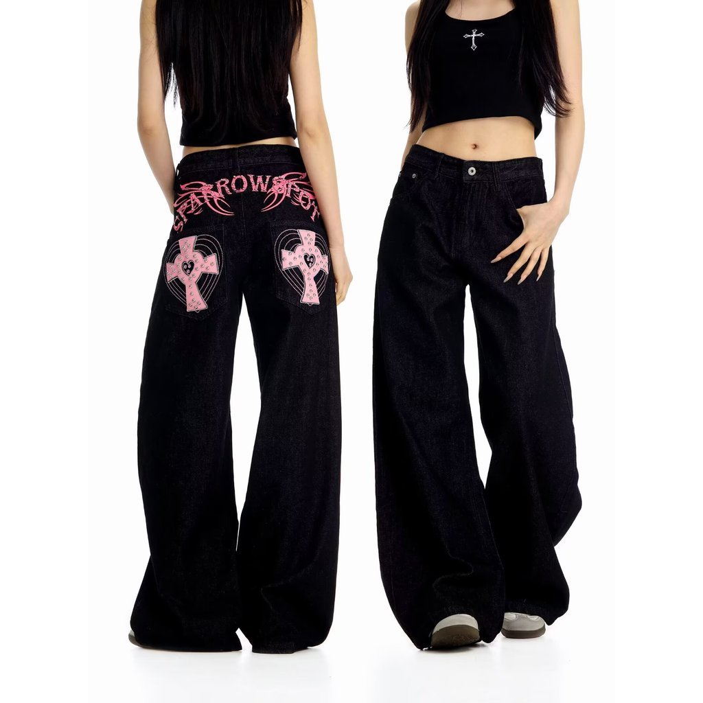 JADED LONDON Âu Mỹ Hợp Thời Trang Phong Cách Retro Cánh Đeo Chéo Nam Nữ Thẳng Ống Rộng Quần Jeans