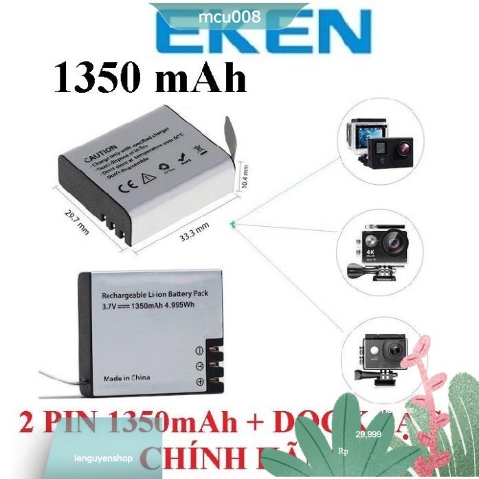 Combo 2 Pin 1350 mAh + Dock Sạc Đôi Cho Mọi Camera Hành Trình Eken H9r, SJCAM 4000, Amkov, Camera 4k