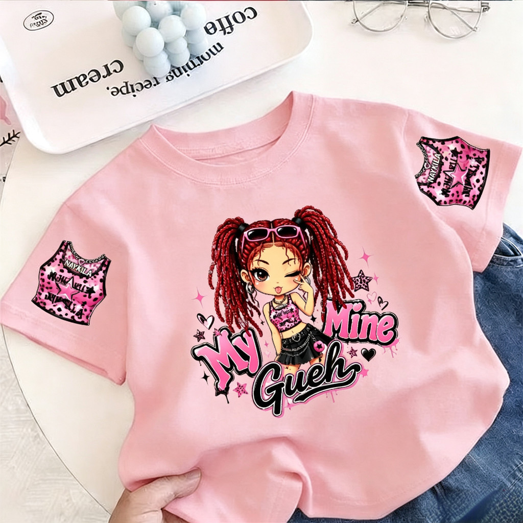 Áo thun trẻ em bé gái My Mine Gueh Naykilla Pink Leopard Cool Girl In hình hoạt hình Áo thun Cotton mềm mại thoải mái Áo ngắn tay thông thường cho bé gái Trang phục hàng ngày hợp thời trang cho 1 ‐ 14 tuổi