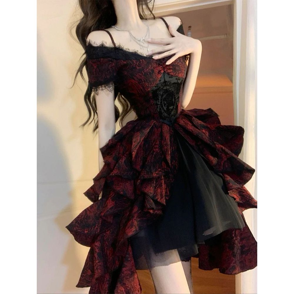 Đầm công chúa Lolita mùa hè mới màu đen gothic đậm, đầm lệch vai màu đen và đỏ