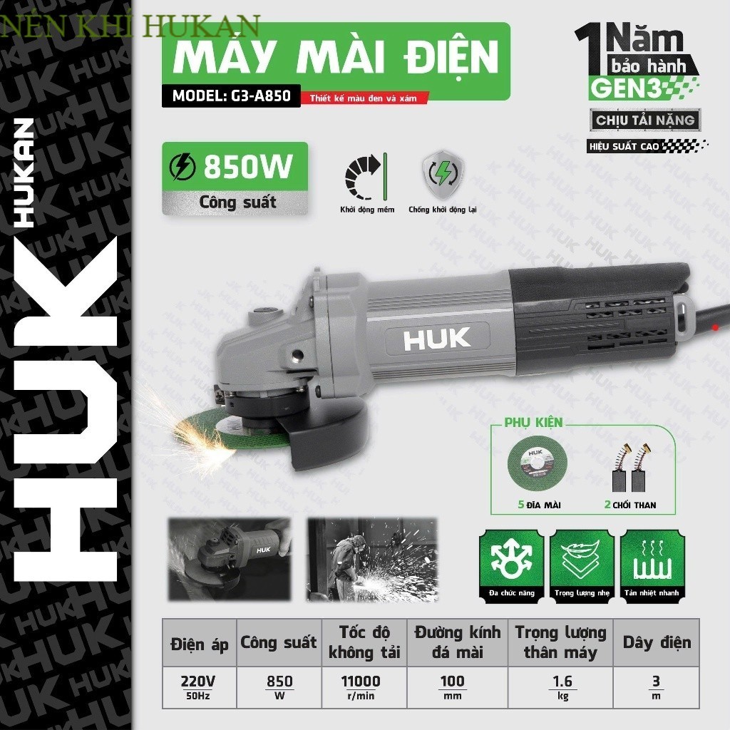 Máy mài cầm tay HUKAN Huk G3-A850, Công suất 850W , Chống khởi động lại + Khởi động mềm Nén Khí HUKA