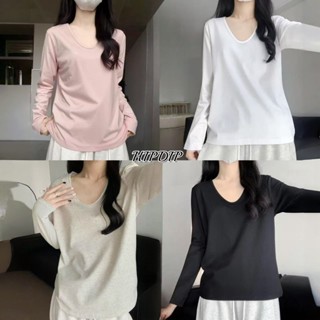  Áo giữ baby tee thun dài tay form rộng Top đơn giản thu đông cổ chữ U phong cách Hàn Quốc 