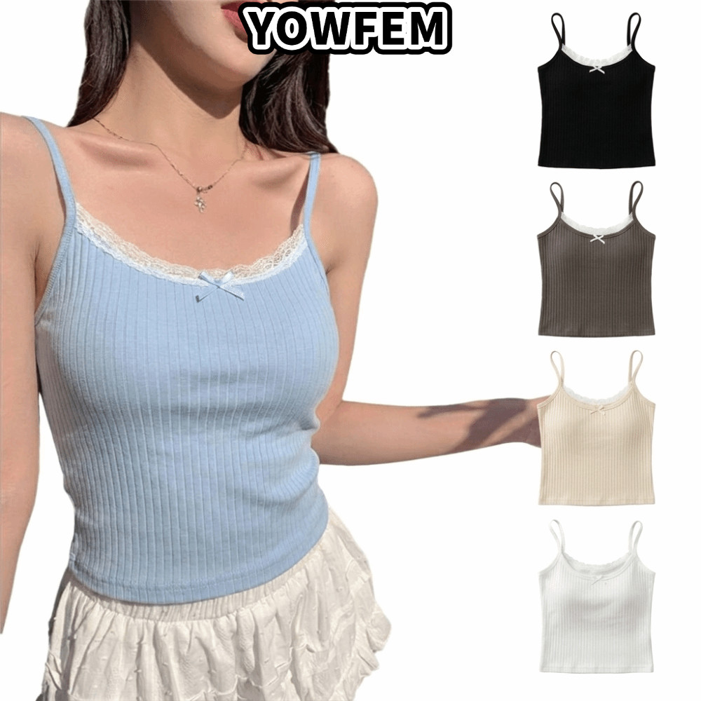 YOWFEM Spaghetti Dây Tank, Nơ Đan Nơ Giọng Ren Cami Top, Dễ Thương Spaghetti Dây Ren Viền Màu Trơn B
