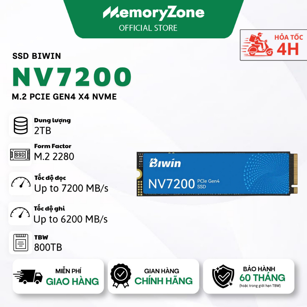 Ổ cứng SSD Biwin NV7200 1TB/2TB M.2 PCIe Gen4 x4 NVMe - Tốc độ đọc lên tới 7200 MB/s, Bảo hành 60 tháng chính hãng | BigBuy360 - bigbuy360.vn