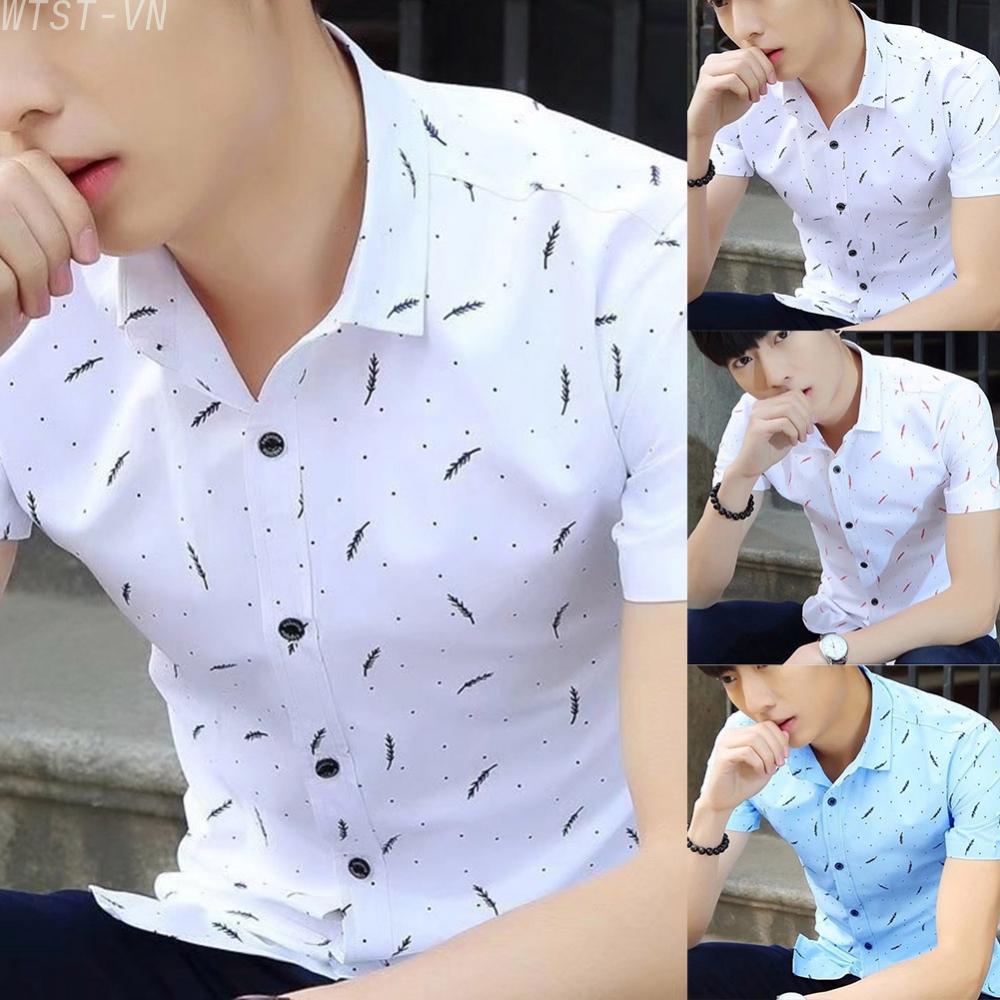 Classic White Red Blue Men's Casual Short Sleeved Cotton Shirt Fashion Blouse
