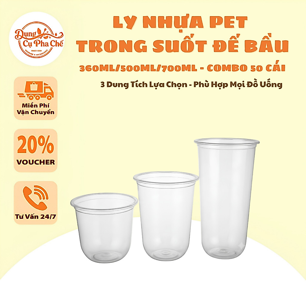 Lốc 50 Ly Nhựa PET Trong Suốt Đế Bầu 360ml/500ml/700ml - Ly Đựng Trà Sữa, Cà Phê, F&B