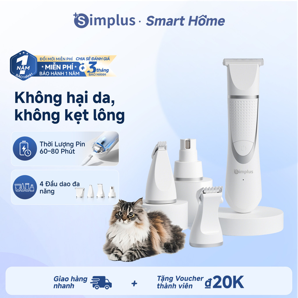 Simplus Máy Cắt Tỉa Lông Thú Cưng 4IN1 Đầu Mài Móng Kéo Cong Tỉa Lông Chân Chống Kẹt Lông Êm Nhẹ Ít 
