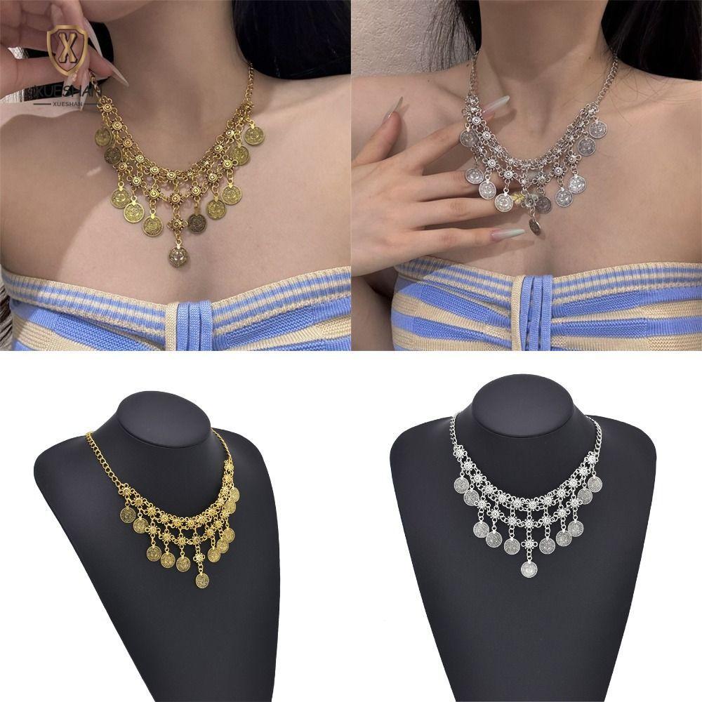 Vòng cổ tiền xu XUESHAN, Vòng cổ tua rua phong cách Bohemian đa năng, Vòng cổ Bohemian cổ điển đa nă