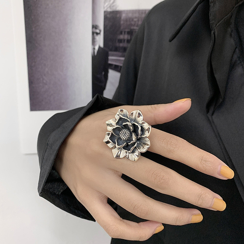 Preferred#European and American style exaggerated large flower ring, peony open ring, vintage simple