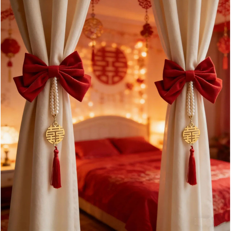 Preferred#Wedding room decoration with burgundy bow curtain ties DIY Bedroom decoration, atmospheric