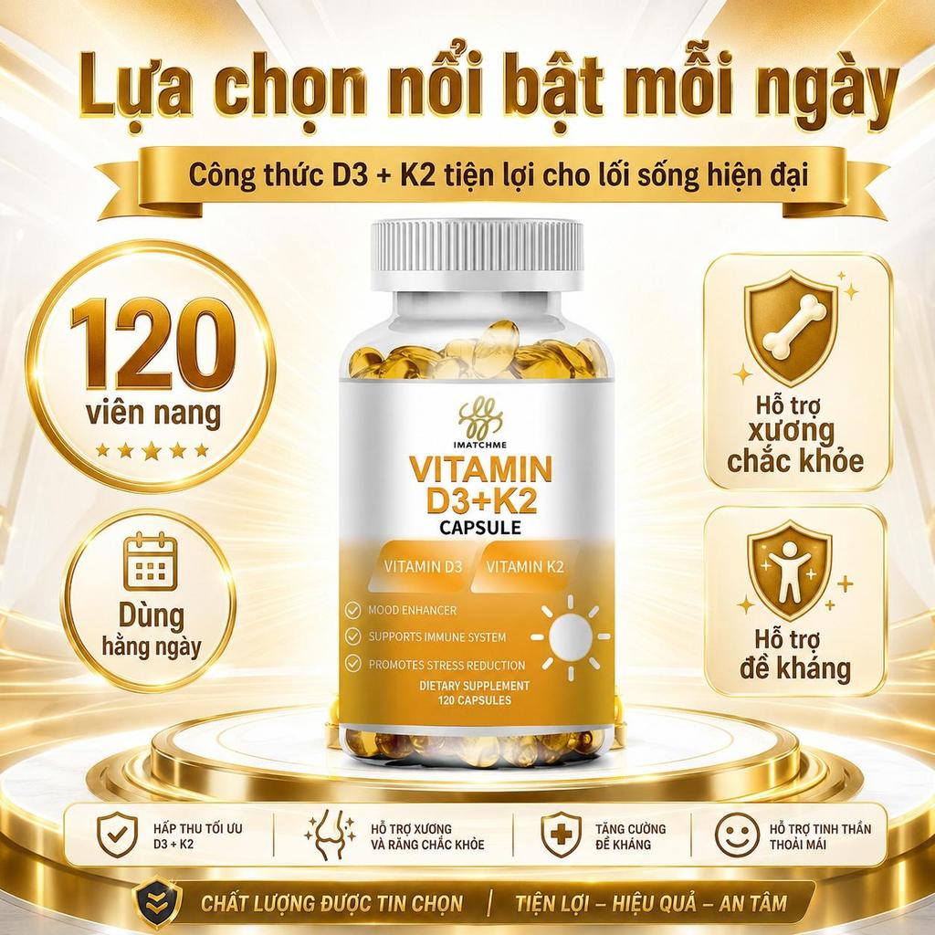 IMATCHME Vitamin D3 K2 – bổ sung D3 & K2, hỗ trợ xương, hấp thu canxi, cho người lớn, dùng sáng/trưa