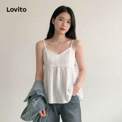 Lovito Vacation Tanpa Lengan Polos Sulaman Eyelet Wanita L89MD095