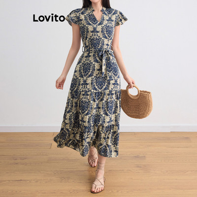 Lovito Kỳ nghỉ Váy Họa Tiết Bộ Lạc Viền Bèo Nhún Mùa Hè/xuân Dành Cho Nữ L105MD093
