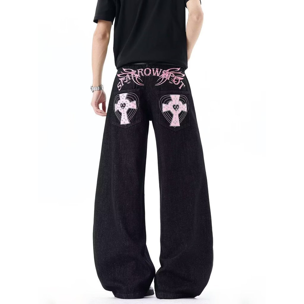 JADED LONDON Âu Mỹ Hợp Thời Trang Phong Cách Retro Cánh Đeo Chéo Nam Nữ Thẳng Ống Rộng Quần Jeans