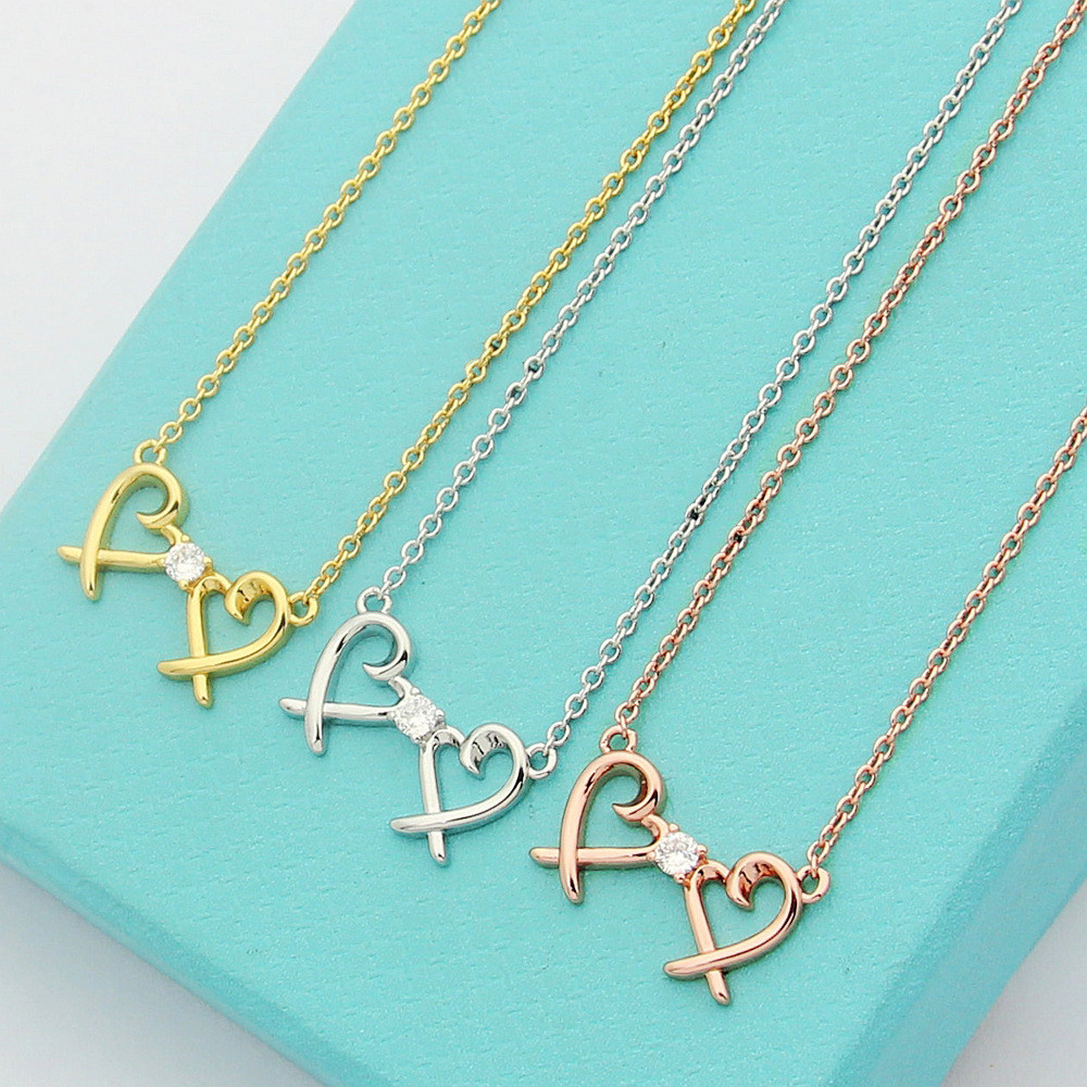 LUNO t Heart-shaped cross diamond peach necklace, heart-to-heart necklace, double or single letter n
