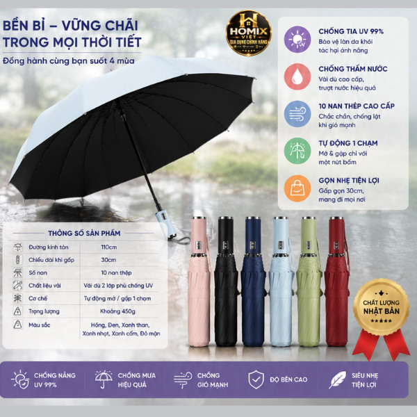 Ô Dù Tự Động Ajisai Gấp Gọn Chống Nắng UV 99% Chống Mưa 10 Nan Thép Chính Hãng