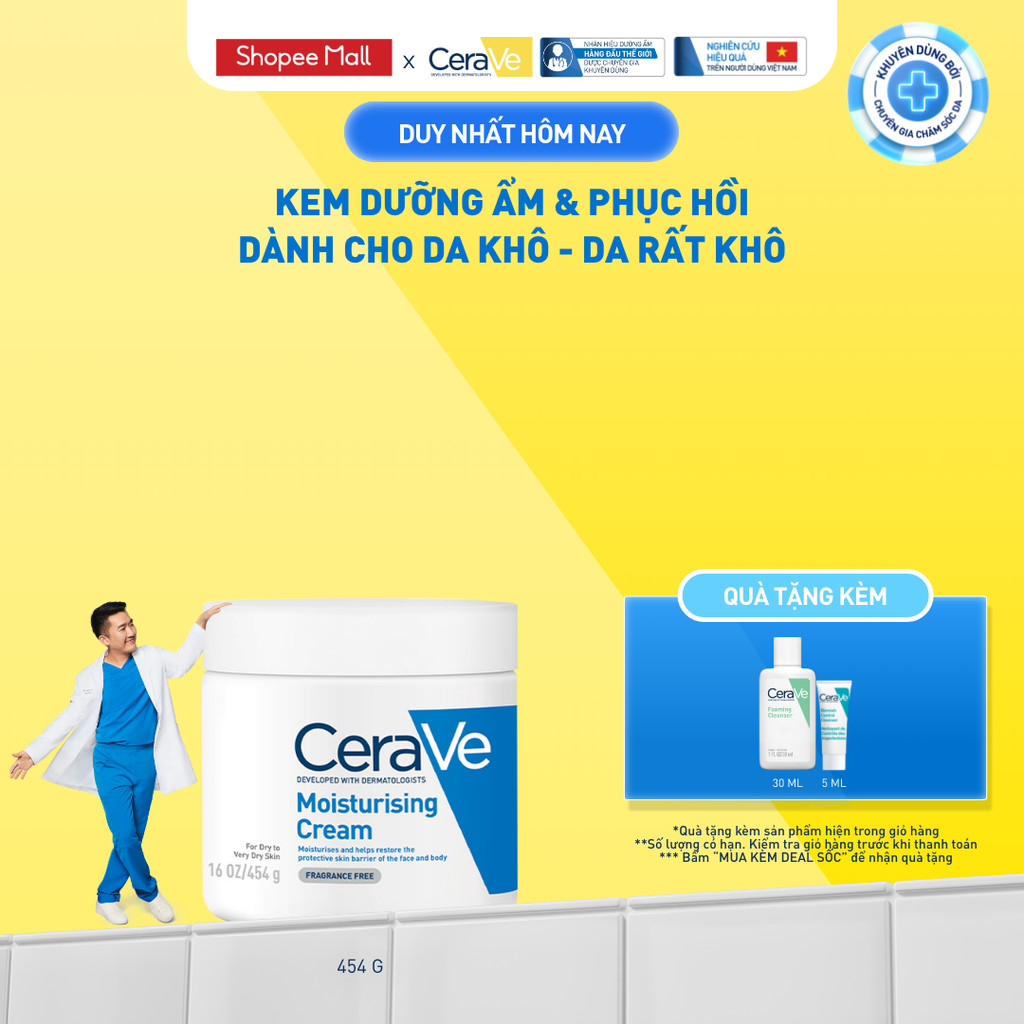 Kem dưỡng ẩm phục hồi sâu và ẩm mịn suốt 48H dành cho da khô, duy trì hàng rào bảo vệ da CERAVE MOIS
