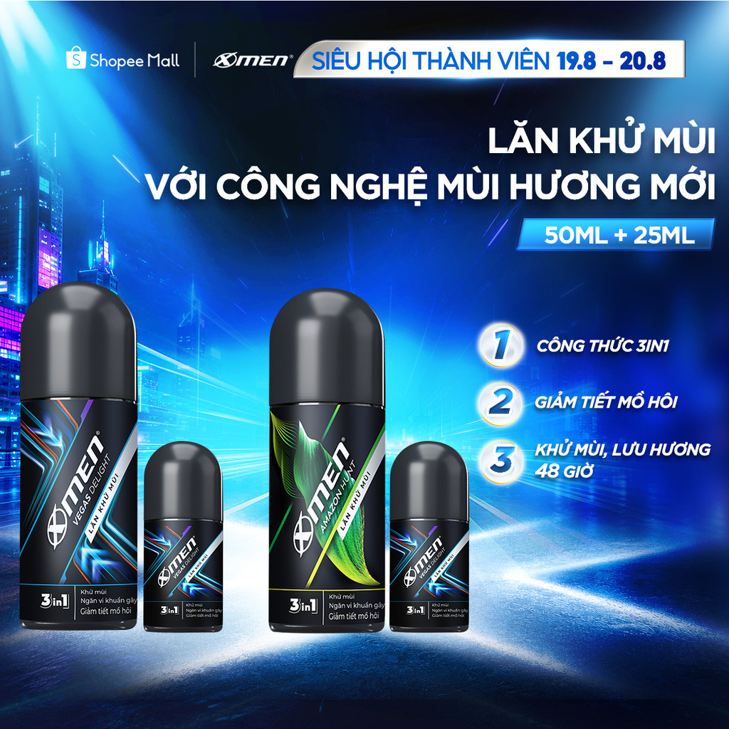 [MỚI] Combo Lăn khử mùi XMen Amazon Hunt/Vegas Delight 50ml và Lăn khử mùi Vegas Delight 25ml