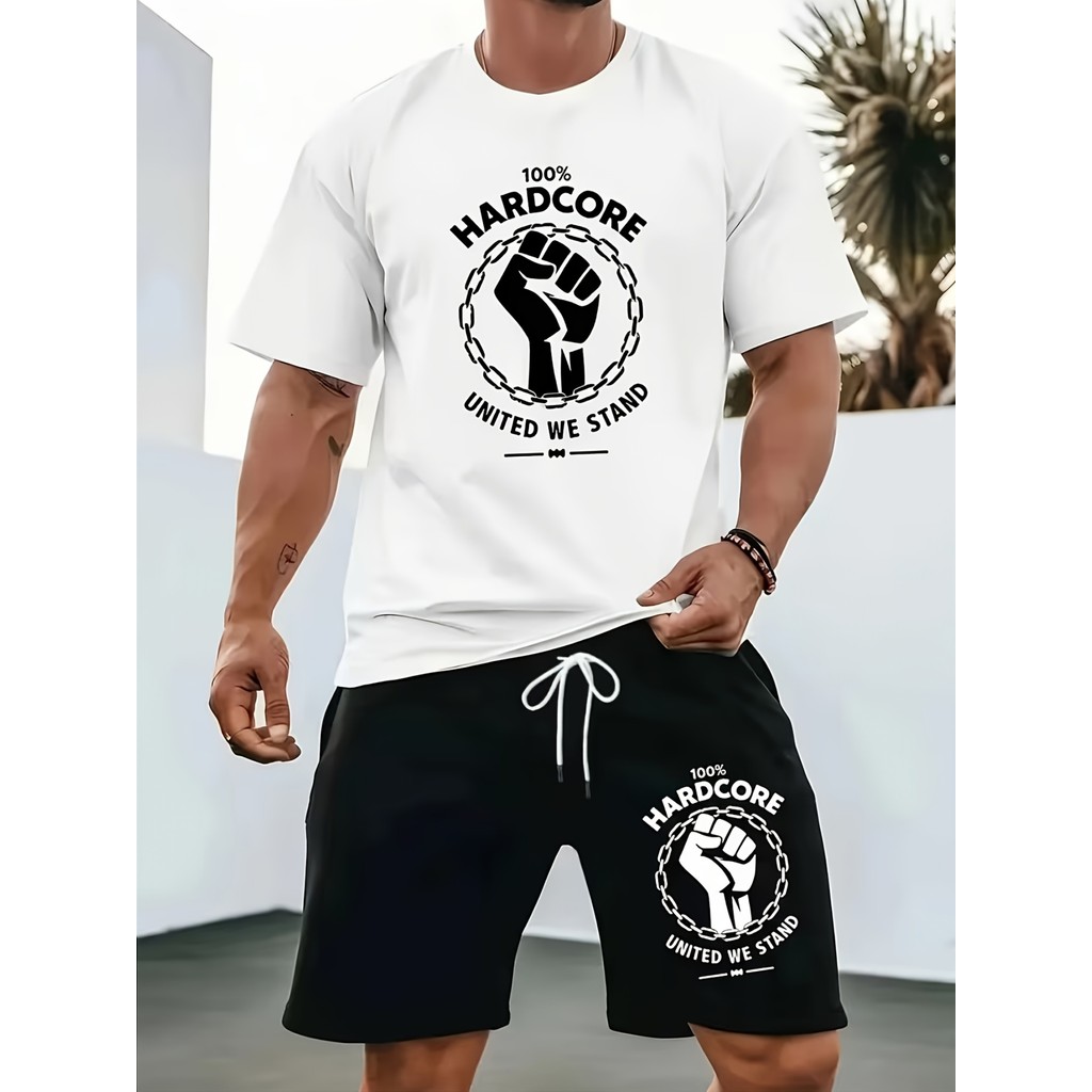 Mặc thường ngày hai mảnh dành cho nam: Áo thun ngắn tay màu trắng in hình "100% HARDCORE UNITED WE S
