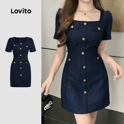Lovito thanh lịch Váy đen mùa Xuân/Hè phong cách Chanel cài nút trước mặc cho nữ LK2ED1279