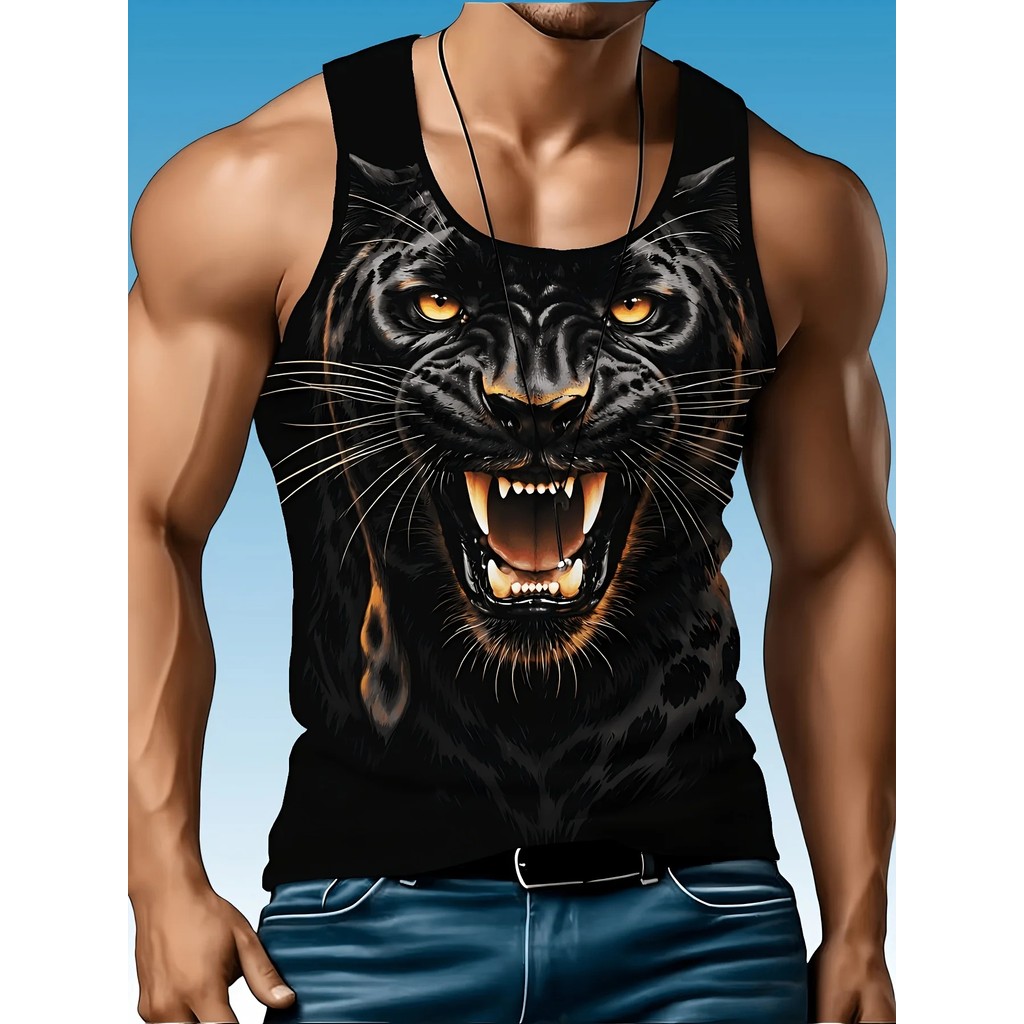 Nam Black Panther In Hình Tank Top Fierce Động Vật Đồ Họa Dạo Phố Mùa Hè Tập Luyện Không Tay Tee
