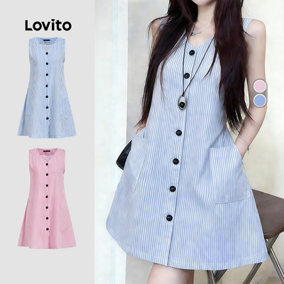 Đầm nữ Lovito Phong cách thường ngày xanh dương nhạt xuân hè thoải mái sành điệu nút trước kẻ sọc L178ED1484