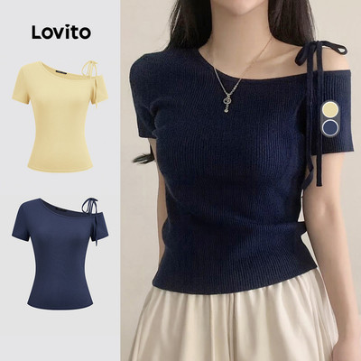 Lovito Áo thun phong cách thường ngày cột dây mùa xuân/hè màu xanh navy cho nữ L171ED364