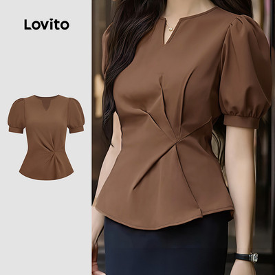 Lovito Áo thanh lịch xếp nếp mùa xuân/hè màu nâu cho nữ L177ED076