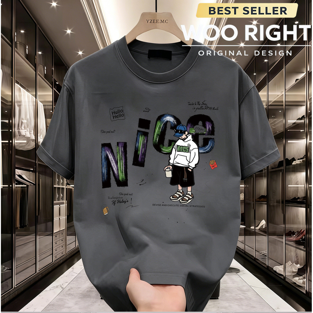 Woo Right Áo thun nam form rộng Áo thun đen ngực NICE DEVISE AND EXECUTE SOCIAL STRATEGIES hàng ngày