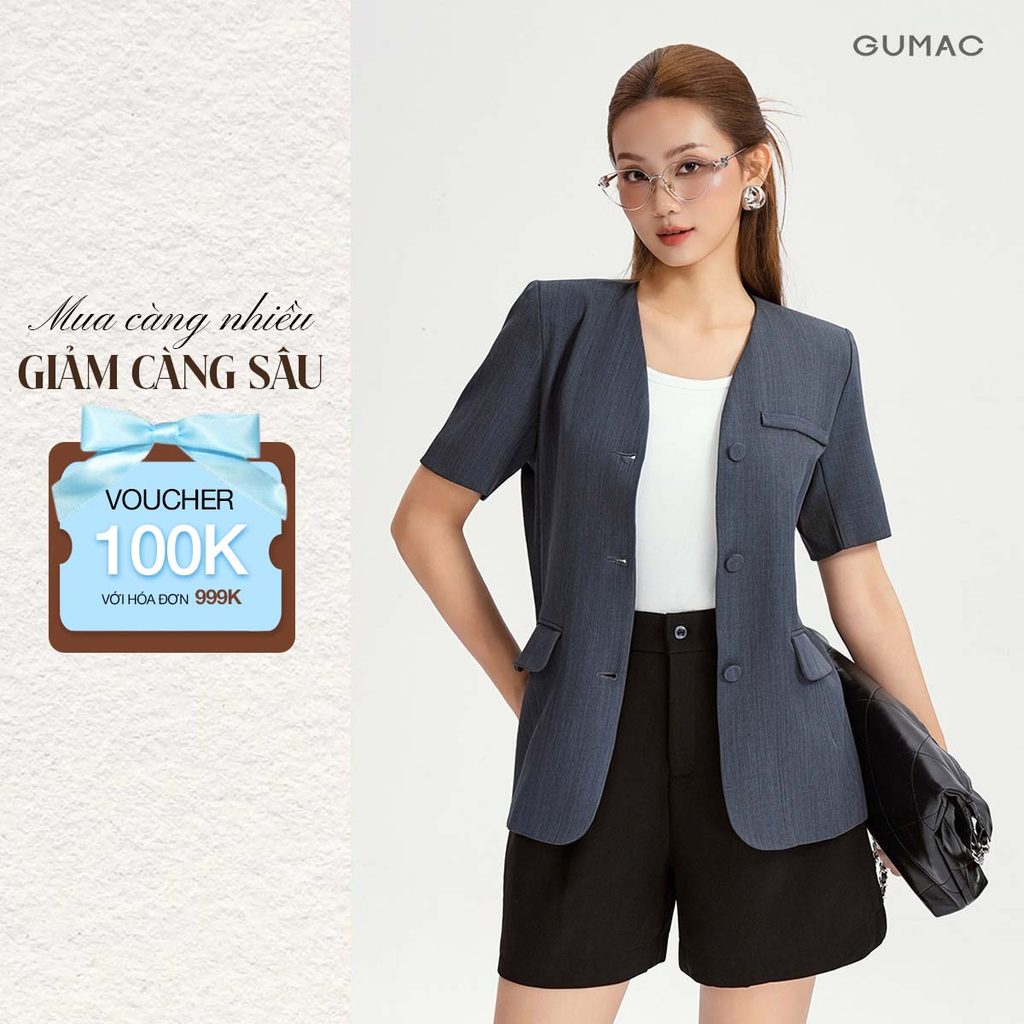 Áo Khoác Blazer Nữ GUMAC Không Cổ Tay Ngắn Có Đệm Vai Chất Xược Ý 2 Lớp Đứng Form LOWG0104