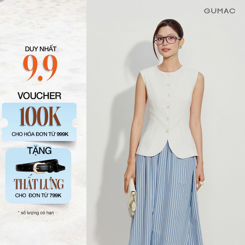 Áo Gile Nữ GUMAC Cổ Tròn Dáng Ôm Tôn Eo Lai Cong Nữ Tính May Lót Hai Lớp Thời Trang Cao Cấp AG07051