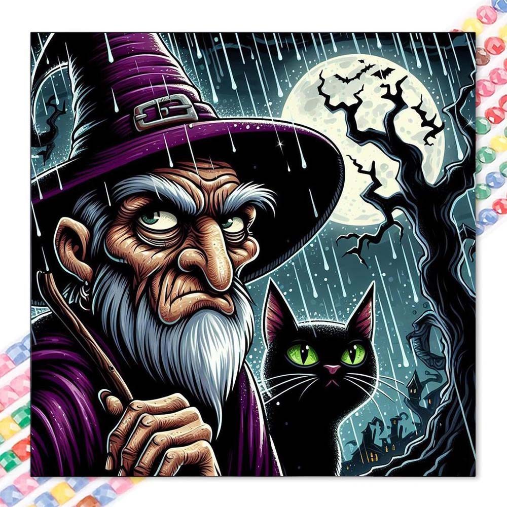 5D DIY Full Diamond Round Diamond Painting-Diamond Painting Kit Wizard, Black Cat Khảm Canvas DIY Wa