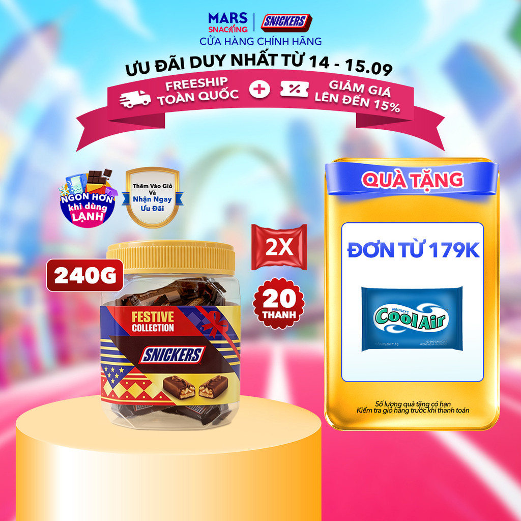 [DIỆN MẠO MỚI 20 THANH] Combo 2 Hũ kẹo sô cô la nhân đậu phộng Snickers jar 240g (20 thanh x 12g x 2