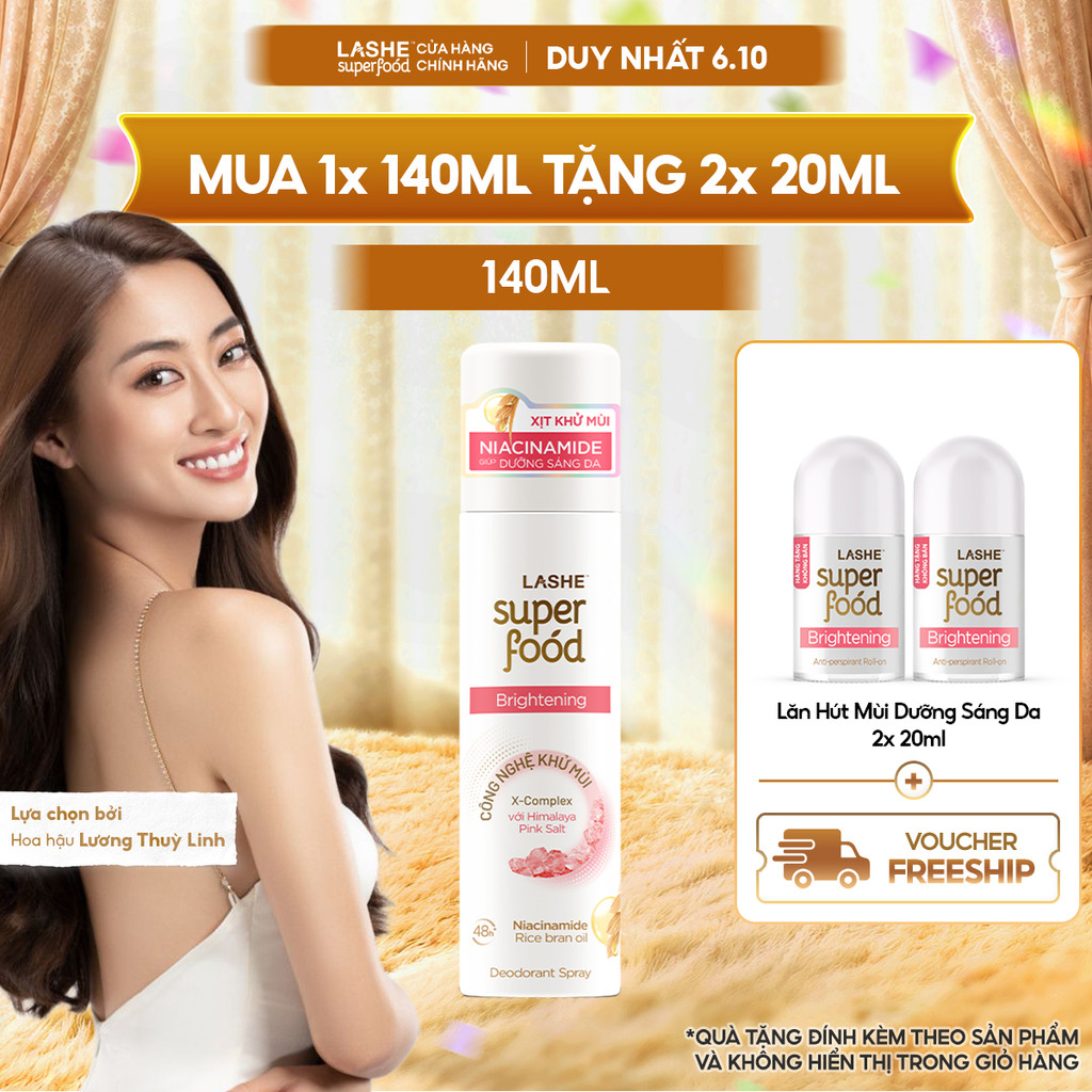 Xịt Khử Mùi LASHE SUPERFOOD Dưỡng Sáng Da 140ML Tặng 2 Lăn Hút Mùi 20MLx2/ 40ML