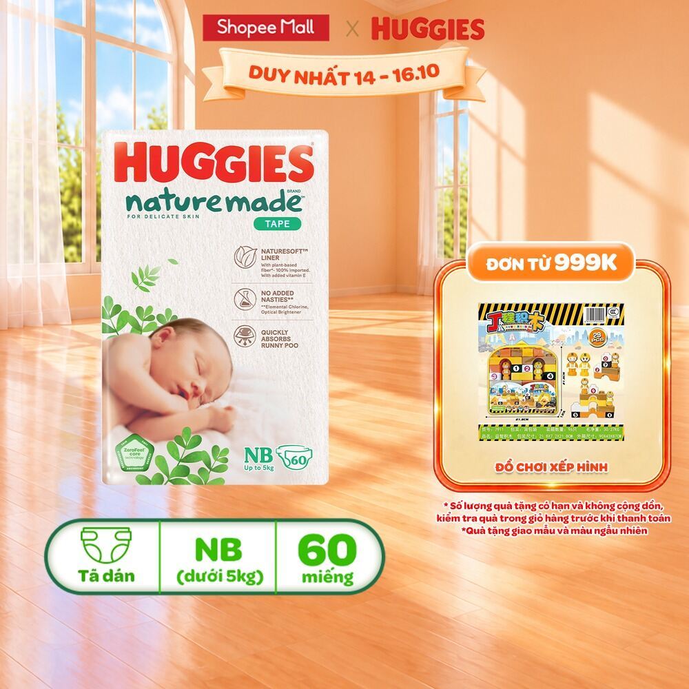Tã/ bỉm dán sơ sinh Huggies NatureMade NB60/ S82 miếng