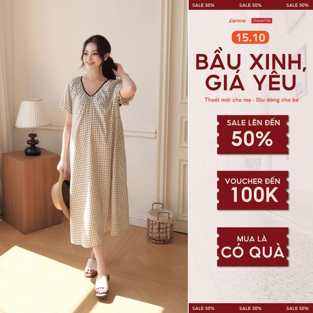 Váy Bầu DAMI DRESS L'amme - Chất Thô Kẻ Đen Trắng Mềm Mát, Dáng Suông Nhún Cổ V Che Dáng Tốt