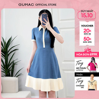 Đầm nữ A cổ sơ mi kiểu dập ly be kem phối nẹp thời trang GUMAC LDF0616