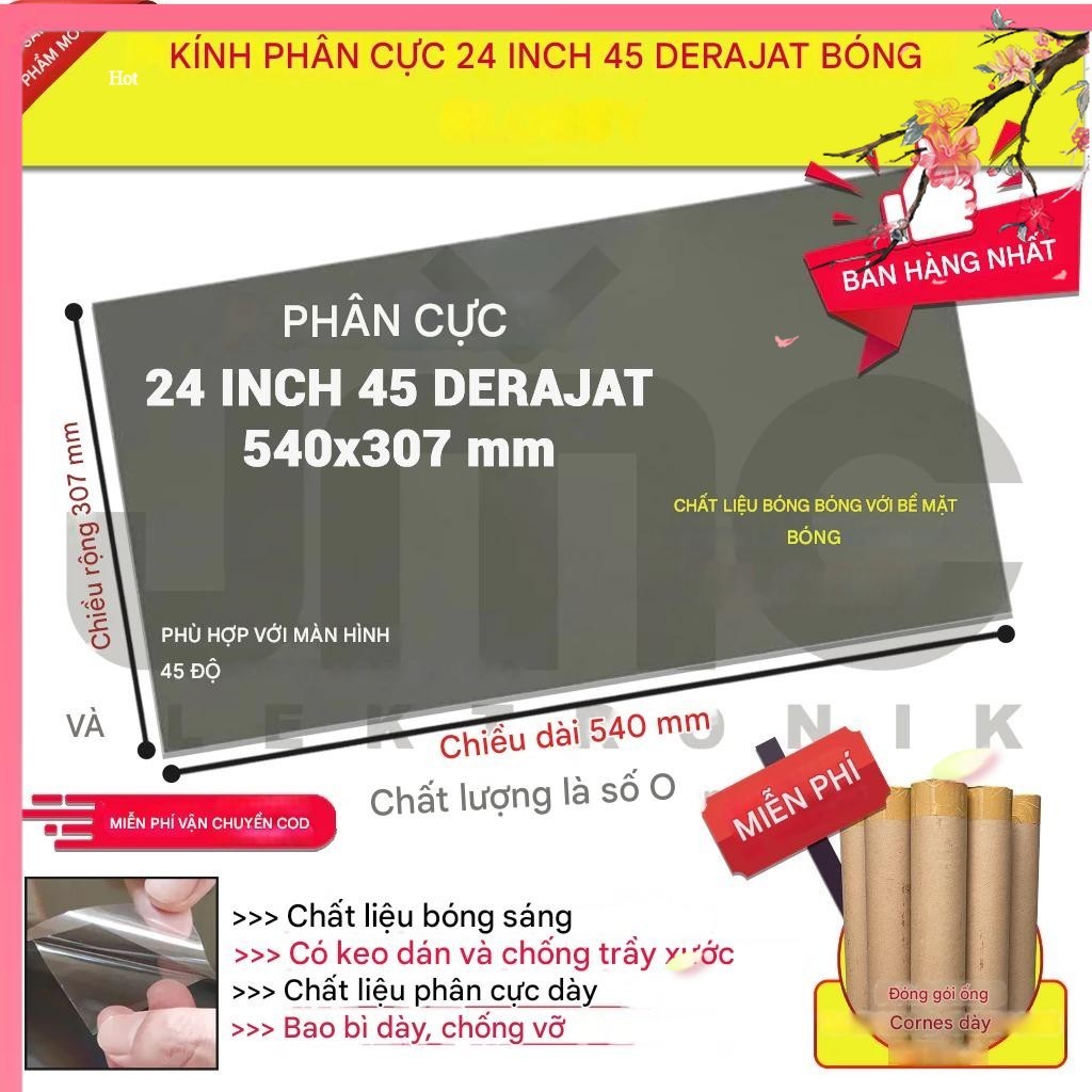Phim Phân Cực LCD 24 Inch 45° – 540×307mm | Kèm Keo Dán, Chống Chói, Phục Hồi Hiển Thị Sáng Đẹp Như 