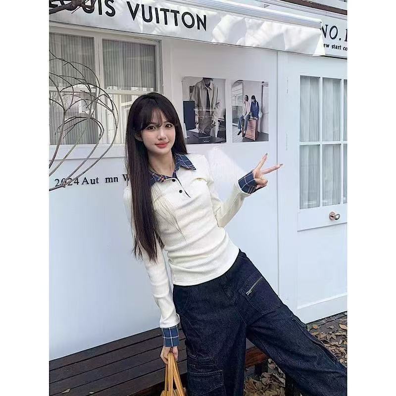 Áo Polo tết giáng sinh thun dài tay nữ giữ ôm body baby tee Thời Trang Kiểm Tra Top Nữ Thu Đông Phong Cách Mới Khâu | BigBuy360 - bigbuy360.vn