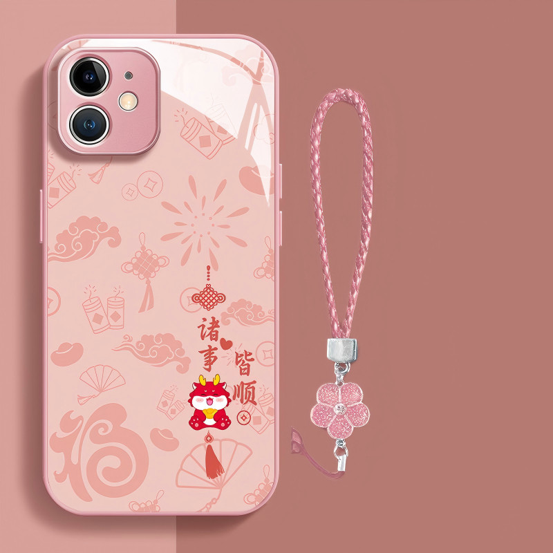 Ốp điện thoại kính màu hồng thích hợp cho iPhone 16 Pro Max Dây đeo cổ tay chống rơi iPhone 15 14 13