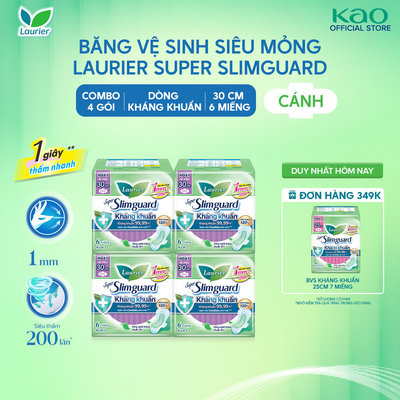 Combo 4 gói BVS Laurier Siêu Mỏng 1mm Kháng khuẩn 30cm 6 miếng